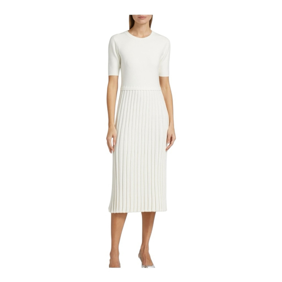 Women's Elie Tahari White Short Sleeve Knit Pleated Midi Dress